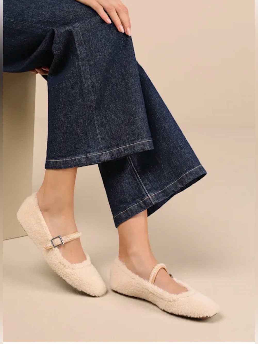 Lulu's Cream Shearling Mary Jane Slippers